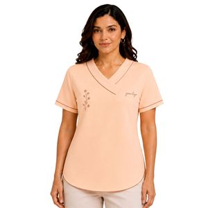 <b>Peach</b> Womens Asymmetric V Neck Short Sleeve T <b>Shirt</b> Floral Embroidery Contrast Piping Customized Logo Casual Wholesale Apparel - Product Image 1