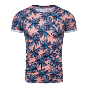 Camiseta Personalizada de Manga Corta para Hombre, Corte Ajustado, Estampado de Hojas Tropicales, Cuello Redondo, Transpirable, Tejida, Informal, para Verano - Product Image 1