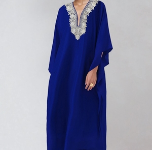 Hot Sale Beautiful Dubai Embroidery Breathable <b>Kaftan</b> Women V Neck Handmade Traditional Islamic Floor Length Polyester Clothing - Product Image 4