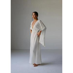 Elegante Vestido Largo Kaftan de Algodón Blanco con Cintura Alta para Mujer, Cuello en V Profundo, para Yoga, Playa, Resort, Estilo Boho, Vestido de Noche - Product Image 2