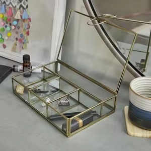 Glass Jewelry Organizer with Gold Frame Multi Compartment <b>Trinket</b> <b>Box</b> for Rings Earrings Necklace Vanity Storage Display - Product Image 1