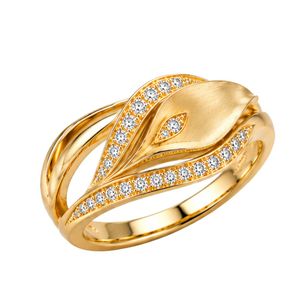 Bague de luxe en or jaune 14 carats avec feuille de diamant, sertie pavé élégante, bande organique, bijoux fins pour femme, déclaration de mode, bague personnalisée, cadeau - Product Image 1