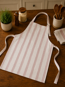 Tablier en lin de qualité supérieure |   Tablier en lin rayé crème et rouge, tablier de cuisine et de pâtisserie réglable pour la maison, le café et le restaurant - Product Image 2
