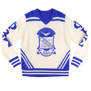 Pull en laine à col en V Phi Beta Sigma, ivoire et bleu roi, avec lettres grecques, tricot de qualité supérieure, vêtement de fraternité, coupe classique - Product Image 1