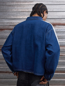 <b>Mens</b> <b>Denim</b> <b>Jacket</b> Indigo Frog Button Side Stripe Oriental Kung Fu Boxy Streetwear Washed Zip Up Collared Custom OEM Supplier - Product Image 3