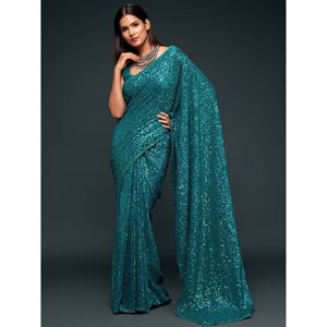 Stunning Teal Blue <b>Sequins</b> Georgette Reception Wear Saree - Product Image 4