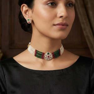 Jewelemarket Designer Fine Jewelry Set Polki Kundan Stone Pearl and Beads Choker Necklace-10575615DGR - Product Image 2