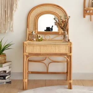 <b>Dressing</b> <b>table</b> and stool set children room furniture kids natural rattan makeup dresser desk - Product Image 6