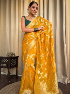 Sari de seda Banarasi con tejido Zari para fiestas, con blusa sin coser, amarillo 69961 - Product Image 2