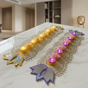 Tapis Rangoli élégant en argent avec bougies LED, décor rose et jaune pour mariage et décoration de festival - Product Image 3