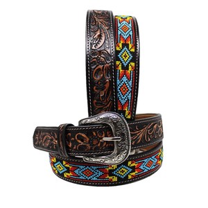 Cinturón de Cuero Vacuno con Estampado Étnico FHS, Hebilla Plateada Estilo Western, Estilo Casual, Cuero de Grano Completo Resistente y Ecológico, 3.8cm - Product Image 1