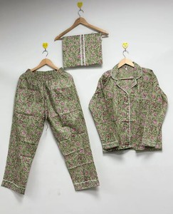 Conjunto de Pijama de Algodón, Conjunto Panamá con Estampado de Bloques, Ropa de Estar Estilo Boho con Bolsa - Product Image 1