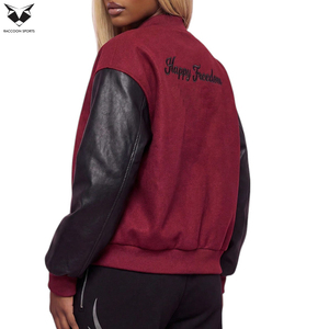 Chaqueta Varsity para Mujer Hecha a Mano 2026, Mangas de Cuero PU Color Granate, Bordado 'Happy Freedom' en la Espalda, para Otoño, Corte Regular - Product Image 2