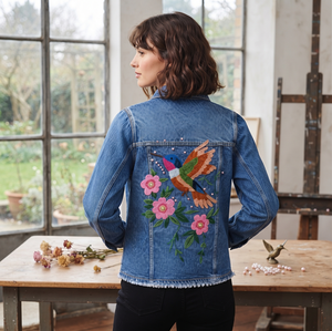 Veste en jean pour femme, broderie à la main, motif floral d'oiseaux, streetwear, vintage, décontractée, été, printemps, automne, hiver, respirante - Product Image 1