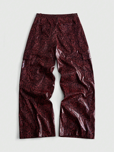 Snake Print Leather <b>Trousers</b> Burgundy Lambskin Embossed <b>Pattern</b> Wide Leg Baggy Cut Side Pockets Glossy Finish Unisex - Product Image 2