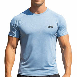 T-shirt homme en polyester bleu clair, coupe ajustée, respirant, pour la gym, la course, le fitness, l'entraînement, avec logo sur la poitrine, décontracté, été, vêtements de sport - Product Image 4