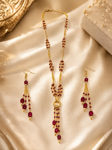 Custom Rhodium Plated Jewelry Set <b>Ruby</b> Red Gemstone Bead Station Lariat <b>Necklace</b> Chandelier Earrings Fine Women Luxury Gift - Product Image 3