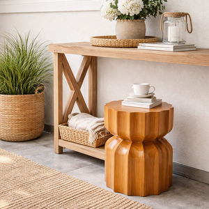 Tabouret à lattes en bois de Suar massif, écologique, design cylindrique cannelé moderne, qualité robuste, fait main, pour chambre et hôtellerie - Product Image 5