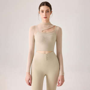 เสื้อโยคะแขนยาวแบบไหล่เฉียง ดีไซน์โปร่ง ระบายอากาศ แห้งเร็ว เป็นมิตรกับสิ่งแวดล้อม เซ็กซี่ ผ้าตาข่าย เหมาะสำหรับออกกำลังกาย เต้น และเล่นกีฬา - Product Image 4