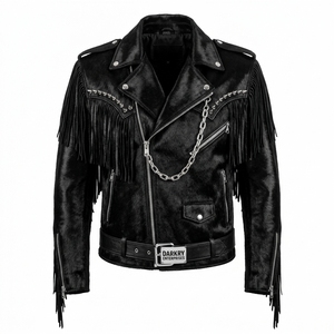 Chaqueta de cuero negra personalizada al por mayor para hombre con pelo de vaca, flecos, estilo motero, con tachuelas de metal pesado y cadena, estilo punk, fabricante de prendas de abrigo. - Product Image 1