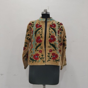 Abrigo Corto de Terciopelo Floral Bordado a Mano para Mujer, Estilo Boho, Cuello Mandarín, Manga Larga, Ropa de Abrigo de Algodón para Primavera, Otoño e Invierno - Product Image 2