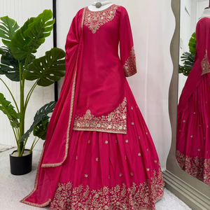 Best Quality Beautiful Designer Embroidery Work on Georgette Fabric Bollywood Style Lehenga Top Dupatta Set at Wholesale Price - Product Image 1