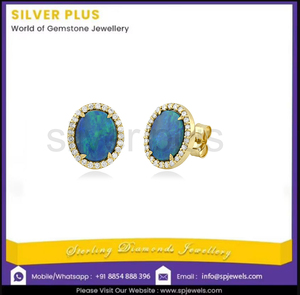 Pendientes de Oro Sólido de 18K con Ópalo Azul Natural, Diseño Clásico para Regalo de Boda, con Halo de Diamantes y Gema Ovalada Doble - Product Image 2
