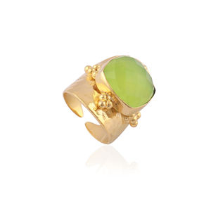 Latest fashion jewelry cushion shape prehnite jade <b>adjustable</b> <b>ring</b> solid brass 18k gold plated hammered texture band bold <b>rings</b> - Product Image 4