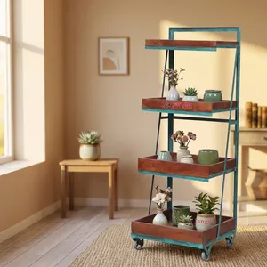 Présentoir à vin moderne en bois et fer sur roulettes, vitrine mobile polyvalente, mobilier de magasin de mode pour centre commercial, ferme, hôtel - Product Image 6