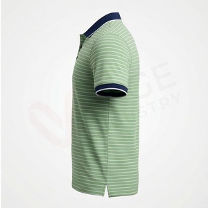 เสื้อโปโลแขนสั้นลายทางสีเขียวสำหรับผู้ชาย ทรงลำลอง คอปกและปลายแขนสีน้ำเงินกรมท่า - Product Image 3