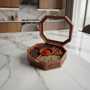 Caja de especias octogonal hecha a mano de madera de Sheesham, organizador de masala con tapa de vidrio - Product Image 3
