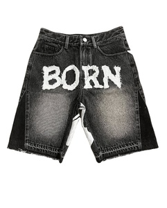 Distressing Hem <b>Black</b> Washed Denim Sorts Unisex Stone Faded Applique Patch Embroidery Customize Denim <b>Shorts</b> for <b>Men</b> - Product Image 1