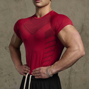 Men's <b>Black</b> Geometric Pattern Short Sleeve <b>Compression</b> T-<b>Shirt</b> Slim Fit Quick Dry Sporty O-Neck Knitted Polyester Top - Product Image 3