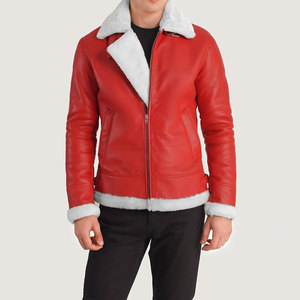 Blouson aviateur en cuir véritable rouge pour homme avec doublure en fausse fourrure, fermeture éclair, coupe ajustée, style motard d'hiver - Product Image 5