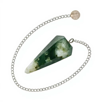 Pendule en Agate Mousse Naturelle Facettée Forme Crayon Pierre Précieuse Polie Chaîne en Argent Cristal Feng Shui