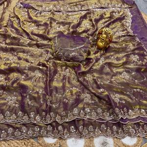 VASTRA COTTAGE Sari de Seda Pura para Mujer con Brillo de Terciopelo y Cuentas Doradas, Diseño de Lentejuelas, para Fiestas y Bodas - Product Image 1