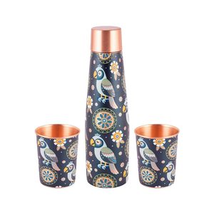 Ensemble cadeau artistique en bouteille et verre en cuivre pur |   Ensemble de bien-être artisanal en cuivre épais imprimé mandala bleu - Product Image 1