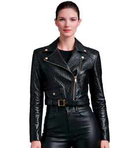 Blouson Bomber en Cuir Véritable pour Femme, Longueur Standard, Motif Croco, Manches Longues, Fermeture Éclair, Col Montant, Imperméable, Tissé - Product Image 1