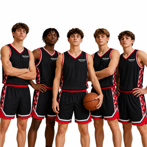 Ensemble de maillots de basket-ball pour hommes Sparkwell, noir et rouge, imprimé géométrique, col en V, sans manches, évacuation de l'humidité, uniforme d'équipe personnalisé, vente en gros - Product Image 1