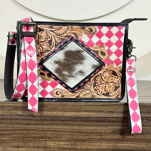 Nouveau sac bandoulière mini en cuir de vachette personnalisé, fait main, de haute qualité, en cuir à carreaux rose et blanc pour femmes - Product Image 4