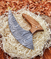 Handgesmeed Damascus staal modern Alaska-stijl Ulu-mes, halvemaanvormig lemmet, olijfhouten handvat, superscherp, ambidextrous, milieuvriendelijk