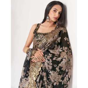 Sorprendente Sari de organza con estampado floral negro con blusa Vestidos elegantes para mujer - Product Image 5