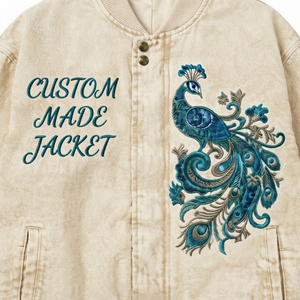 Chaqueta Varsity Beige Vintage Lavada Personalizada de Alta Demanda al por Mayor para Hombre con Bordado de Pavo Real, Estilo Urbano Casual Oversize con Cierre Frontal Completo - Product Image 5