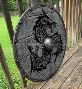 Auténtico Escudo de lobo gris Fenrir de madera Medieval de 24 pulgadas hecho a mano Bettleworn Viking Battle Ready decoración del hogar Metal duradero - Product Image 3