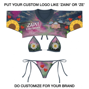 Premium 180 GSM Polyester Spandex Bikini Set Custom Heat-Transfer Print Logo Embroidery Drawstring Plunge Neck <b>Thongs</b> Bottom - Product Image 1