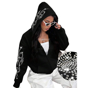 Custom <b>Rhinestone</b> Zip Up Hoodie Women Cropped <b>Jacket</b> Star Print Streetwear Fashion Winter Warm - Product Image 1