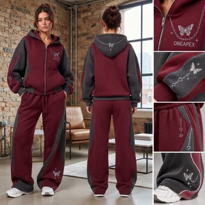Women's Burgundy <b>Charcoal</b> Zip Hoodie Tracksuit Set Butterfly Print Color Oversized <b>Jogger</b> Pants Streetwear - Product Image 6