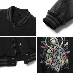 Men's Heavyweight Varsity <b>Jacket</b>-Oversized Loose Fit Stand Washed Finish Vintage Bomber Coated <b>Denim</b> High-End Graphic Streetwear - Product Image 4