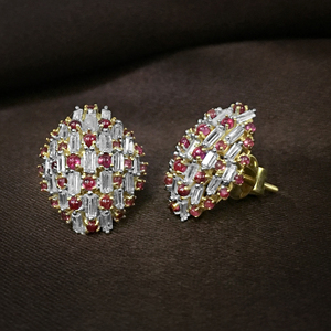 Pink Round White Baguette CZ Stud <b>Earrings</b> for Women Real 925 Sterling Silver, Screw <b>Back</b> - Product Image 3