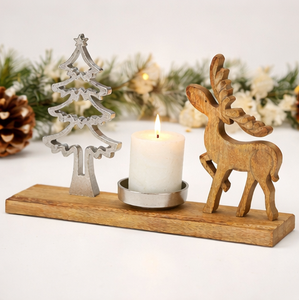 Support de bougie de Noël fait main en forme de renne et d'arbre avec base en bois de manguier naturel et support de bougie chauffe-plat festif en aluminium argenté de qualité supérieure - Product Image 3
